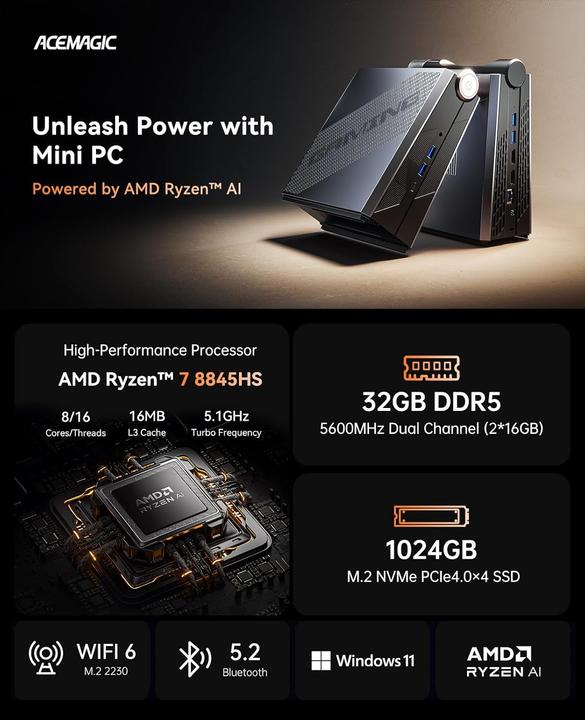 Produktbild AceMagic Mini PC Gaming mit AMD Ryzen (AMD Ryzen 7 8845HS, 32 GB, 1000 GB)