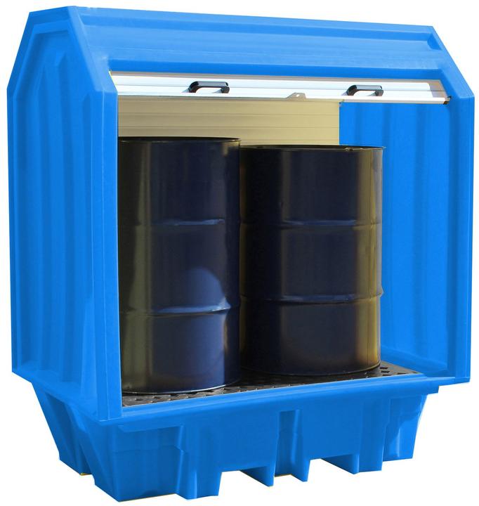 Actual product image kaiserkraft PE hazardous goods storage unit with roller shutter, for 4 x 200 l drums (230 l)
