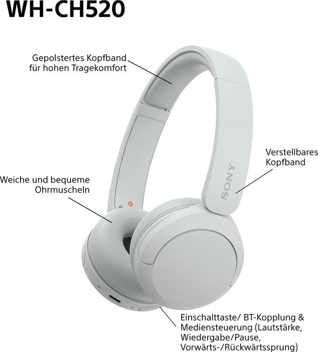 Image du produit Sony WH-CH520 (pas de réduction du bruit, 50 h, Sans fil)