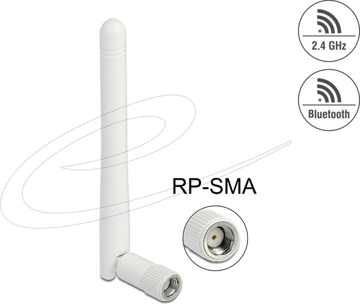 Produktbild Delock WLAN 802.11 b/g/n Antenne RP-SMA Stecker 2 dBi omnidirektional mit Kippgelenk weiss (WLAN)