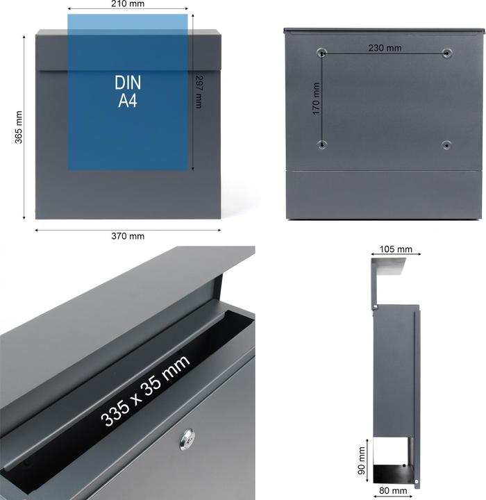 Produktbild Wiltec Briefkasten V49 Anthrazit 370x105x370mm Schloss Zeitung pulverbeschichtet
