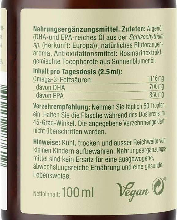 Nutritional values and ingredients Effective Nature Omega-3 algae oil vegan (1 Piece, Liquid)