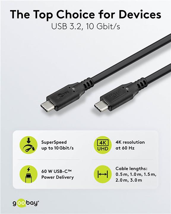 Produktbild Goobay USB-C-Kabel, USB 3.2, 60 W, 10 Gbit/s, Power Delivery, 2 m (2 m, USB 3.2, 60 W)