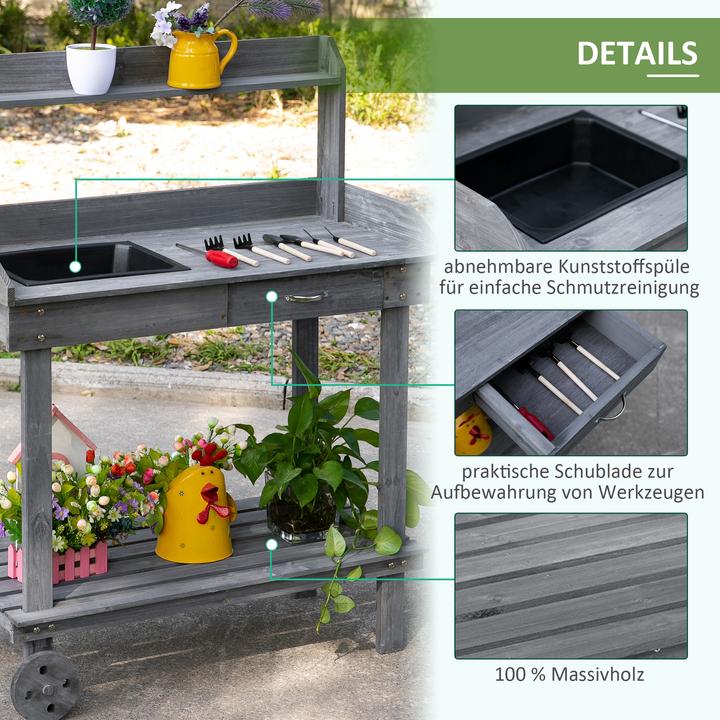 Produktbild Outsunny Gärtnertisch mit Waschbecken und Rollen (45 cm)