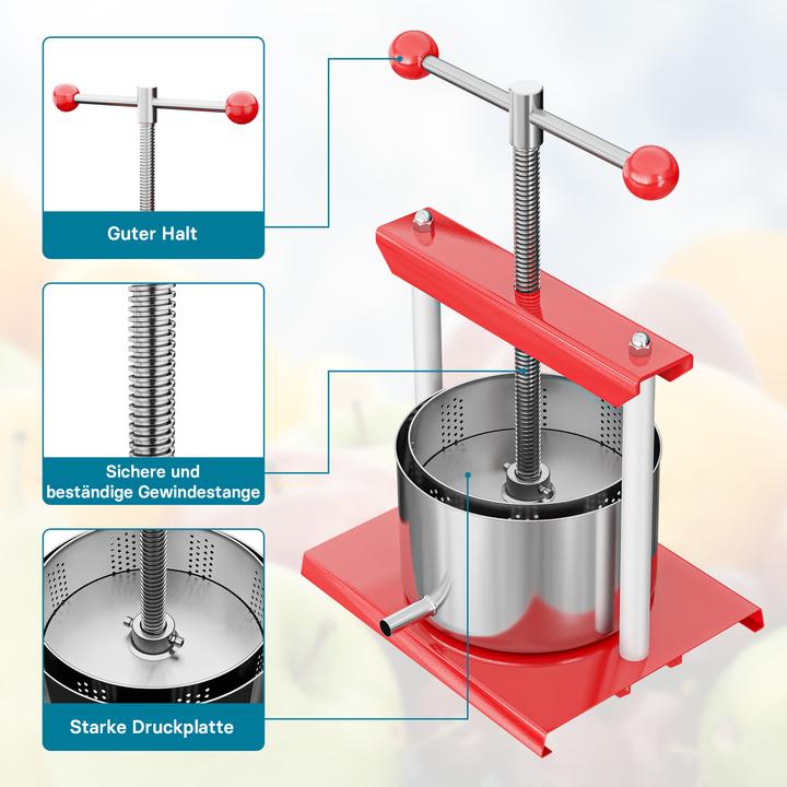 Produktbild Wiltec Obstpresse Weinpresse Stahl 6L Edelstahlkorb Fruchtpresse Beerenpresse (EU-Stecker)