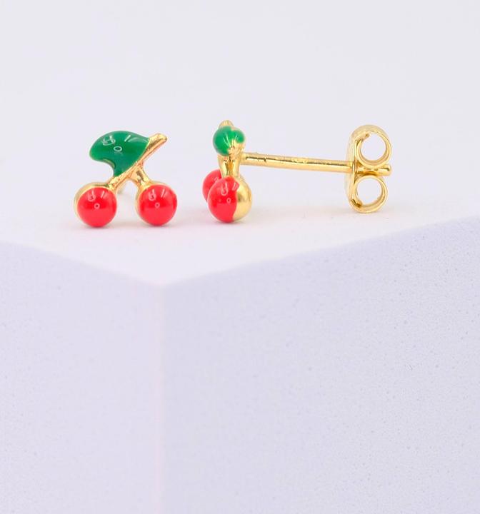 Immagine prodotto Muau Orecchini con ciliegie in oro giallo 750 rosso/verde 7mm (Oro bianco, Oro rosso o argento, Giallo oro)