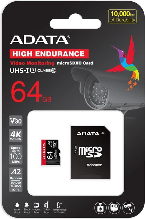 Image du produit Adata Carte microSDXC haute endurance 64 Go (64 Go, microSDXC, U3, UHS-I)