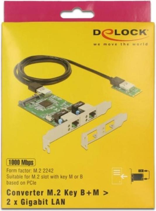 Produktbild Delock Converter M.2 Key B+M male > 2 x Gigabit LAN (M.2 A Key)