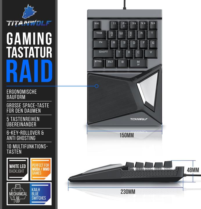 Actual product image Titanwolf Gaming keyboard, mechanical keypad keyboard with 28 keys, one-handed gaming keyboard (DE, Cable)