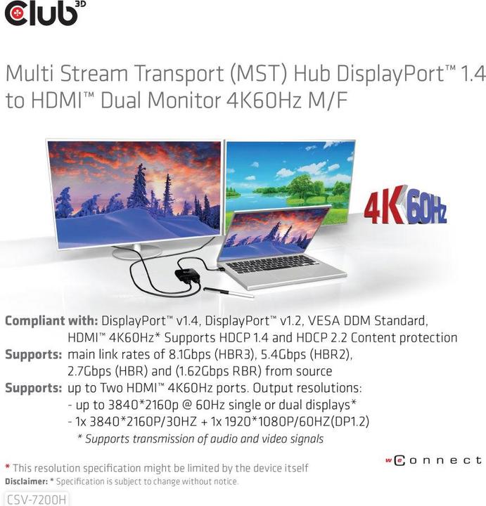 Actual product image Club 3D Club3D Multi Streaming Transport Hub 1xDP->2xHDMI (HDMI, 20 cm)