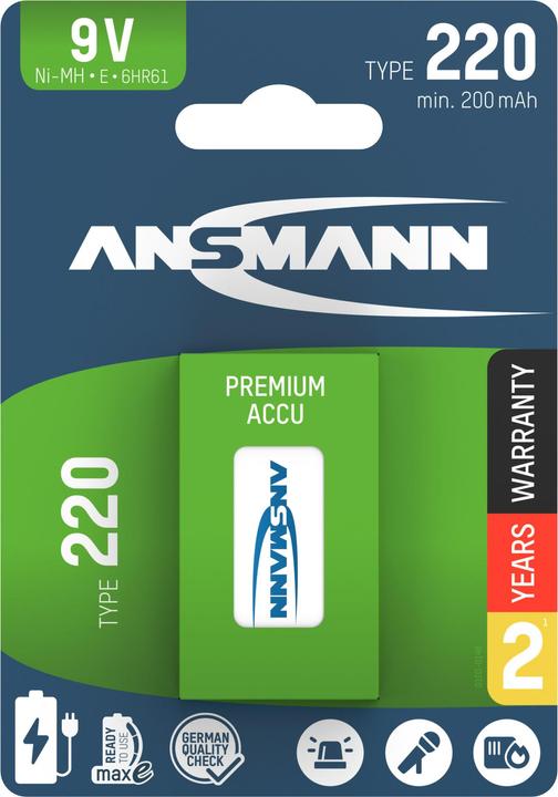 Actual product image Ansmann NiMH battery 9V E-Block type 220 (min. 200 mAh) maxE 1er (9V Block, 200 mAh)