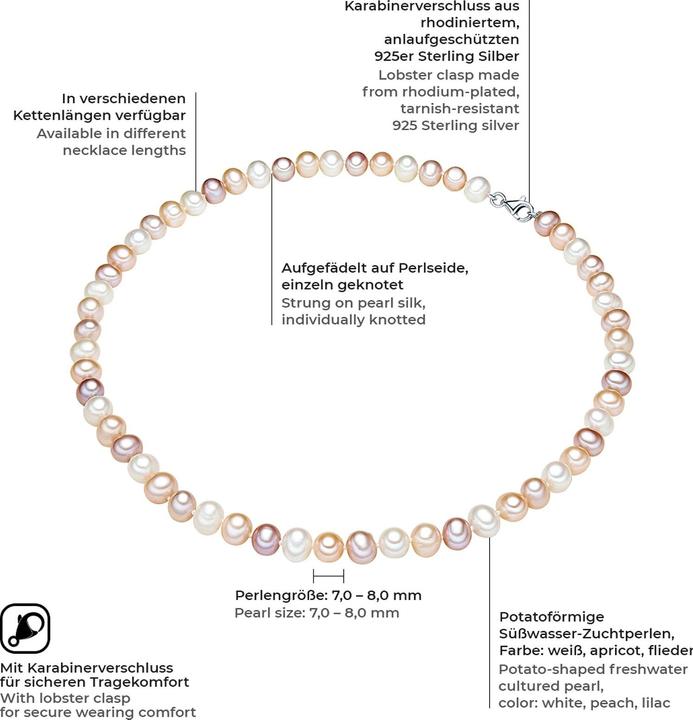 Immagine prodotto Valero Pearls Donna in argento sterling con perle d'acqua dolce coltivate - 3832 (Argento, 50 cm)
