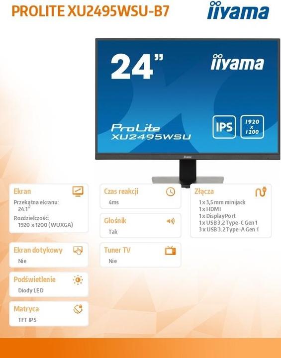 Image du produit iiyama 24.1IN ULTRA THIN IPS PANEL 1920X1200 4MS 300CD/M2 1000:1 1X (1920 x 1200 pixels, 24")