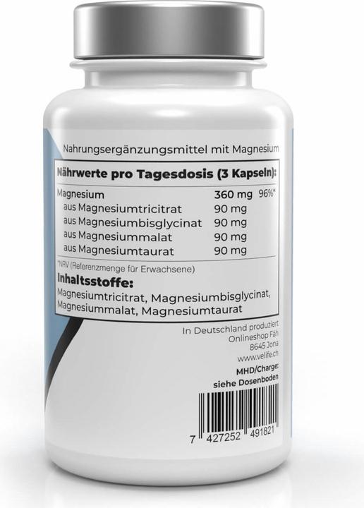 Nutritional values and ingredients VeLife Magnesium complex (120 Piece, Capsules, 105 g)