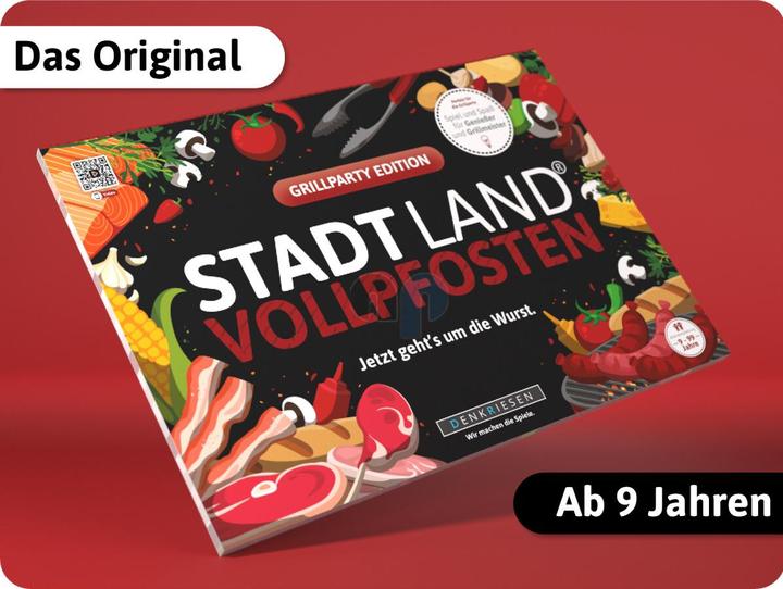 Actual product image Denkriesen STADT LAND VOLLPFOSTEN® A4 - GRILLPARTY EDITION "Now it's time for the sausage". (German)
