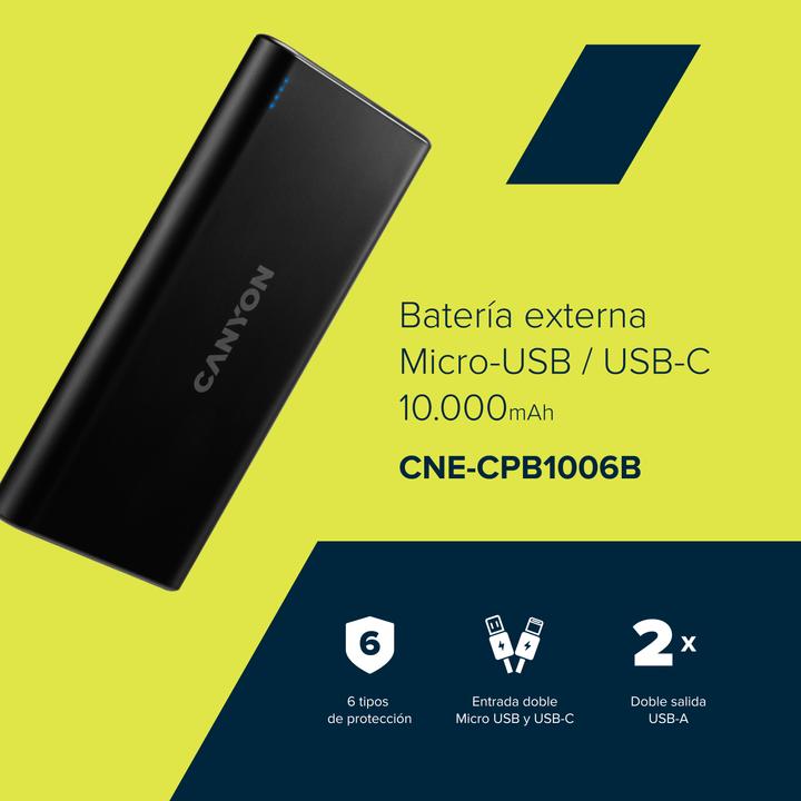 Produktbild Canyon PB-106 Akkuladegerät Lithium Polymer (LiPo) 10000 mAh Schwarz (10000 mAh, 37 Wh)