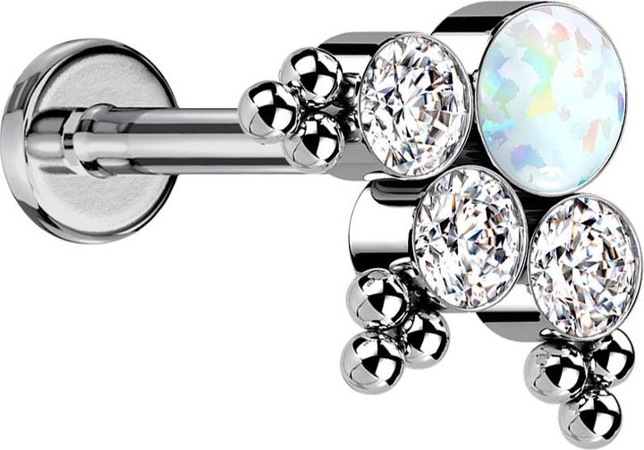 Star Piercing Micro Labret Innengewinde silber Kugeln Dreieck drei Kristalle silber Opal weiss (ohne Messing, Titan G23)