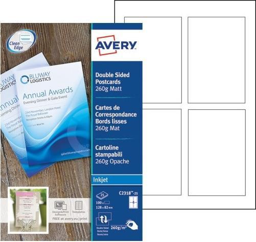 Produktbild Avery Dennison Quick&Clean C2318 - Weiss - 82,6 x 127 mm - 260 g/m² - 100 Karte(n) (25 Bogen x 4) Visitenkart (260 g/m², 4 x, A4)