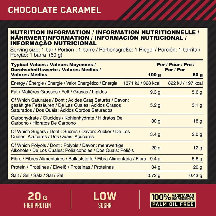 Nutritional values and ingredients Optimum Nutrition Whipped Protein Bar (10 x 60g / 62g) (Chocolate Caramel, 10 pcs., 600 g)