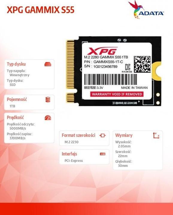 Produktbild Adata SSD GAMMIX S55 1TB Gen 4x4 2230 (1000 GB, M.2 2230)