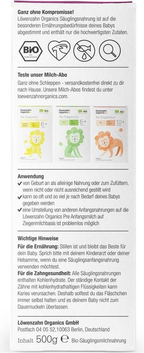 Nährwerte und Zutaten Löwenzahn Organics Anfangsmilch (500 g, ab Geburt)
