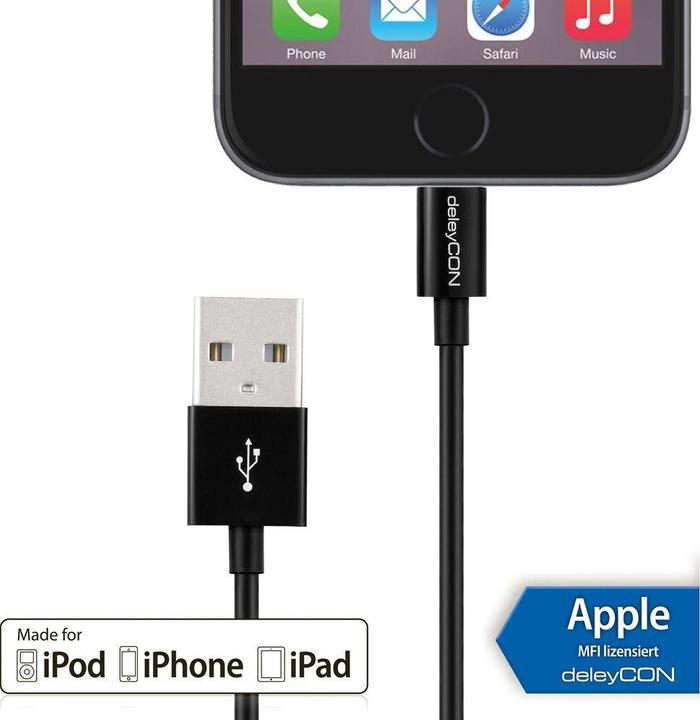 Produktbild deleyCON Lightning-USB Kabel 2m, schwarz (2 m, USB 2.0)