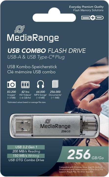 Immagine prodotto MediaRange Unità flash combo USB 3.2 Gen 1 con USB-A e USB-C®, con tappi protettivi, argento, 256GB (256 GB, USB-A)