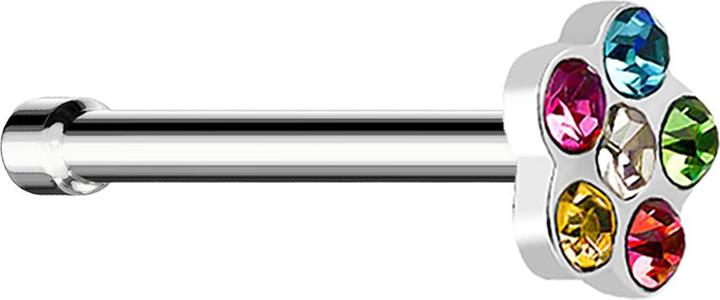 Star Piercing Nasenstecker gerade silber mit Blume und 5 Kristalle farbig (ohne Messing, Chirurgenstahl 316L)