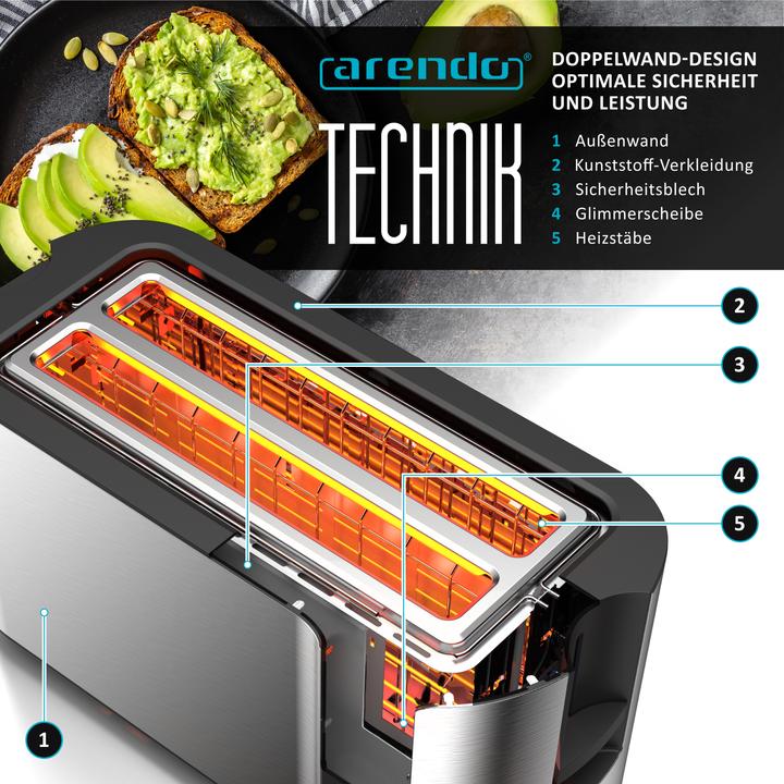 Actual product image Arendo Toaster stainless steel 4 slices long slot, touchpannel, bun warmer, display with remaining time