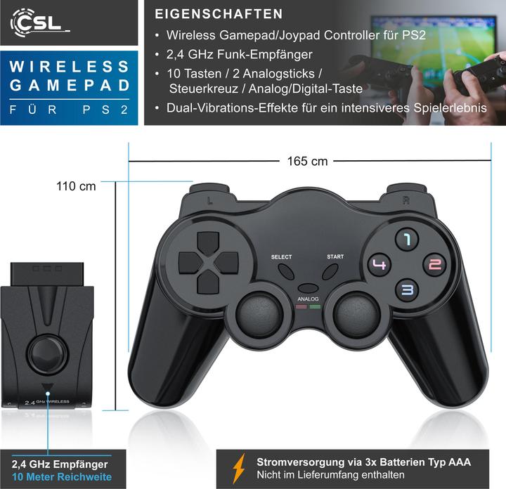 Produktbild CSL PlayStation Controller, Wireless PS2 Gamepad, 2,4 GHz Funk Adapter mit Dual Vibration (PS2)