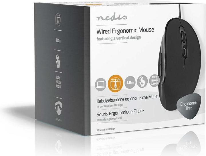 Produktbild Nedis Ergonomische Maus mit Kabel - Rechtshändig - 6 Tasten - 3200 DPI - 1,8 m Kabel - Schwarz (Kabelgebunden)