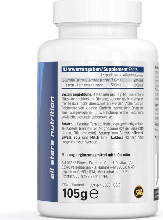 Nutritional values and ingredients All Stars L-Carnitin Tartrat (120 Piece, Capsules, 150 g)