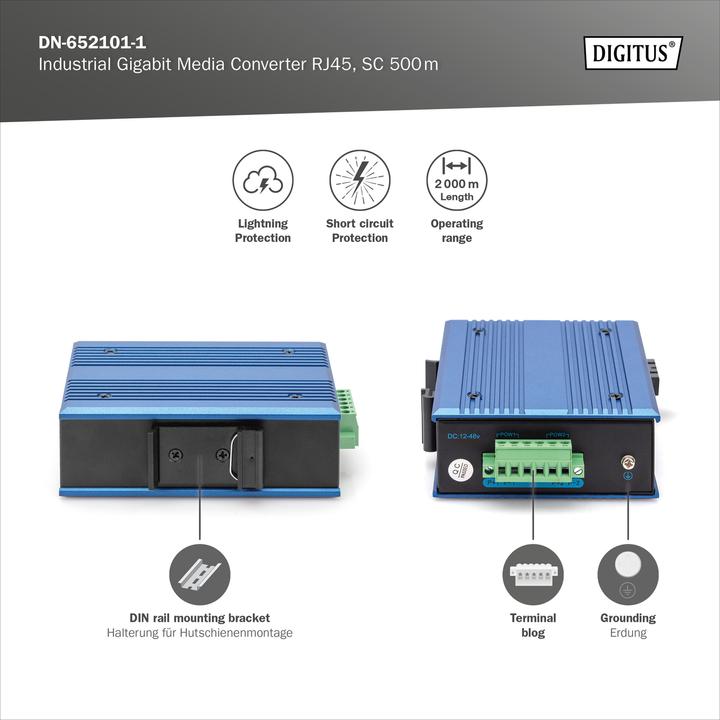 Produktbild Digitus Industrieller Gigabit Medien Konverter RJ45, SC 0.5km (1 Ports)
