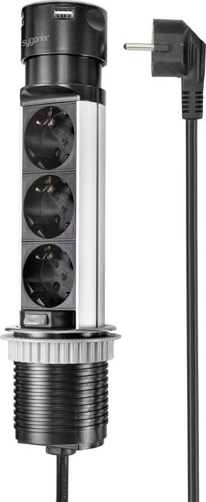 Produktbild Sygonix SY-4997104 Steckdosenturm Schwarz, Edelstahl Schutzkontakt 1St. (3 x, CEE 7/3, 1.50 m)