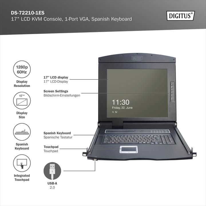 Digitus Modular console with 17" TFT (43,2cm), 1-port KVM & Touchpad, spanish keyboard