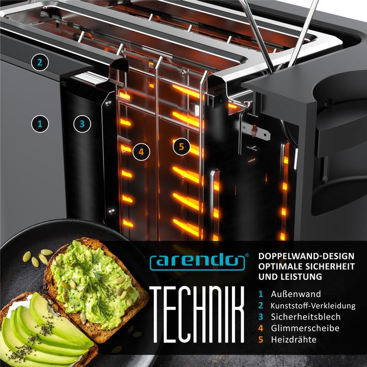 Produktbild Arendo Toaster Edelstahl 2 Scheiben Kurzschlitz, Brötchenaufsatz, Doppelwand, Display mit Restzeitanzeige