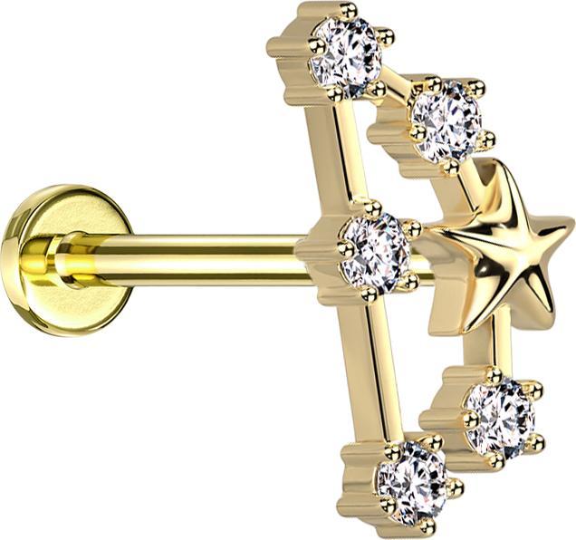 Produktbild Star Piercing Micro Labret Innengewinde vergoldet Sternzeichen Steinbock mit Kristallen (Chirurgenstahl 316L, Messing)