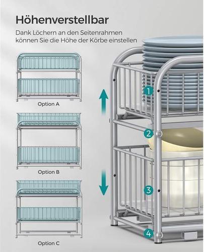 Actual product image Songmics Kitchen shelf 2 drawers silver