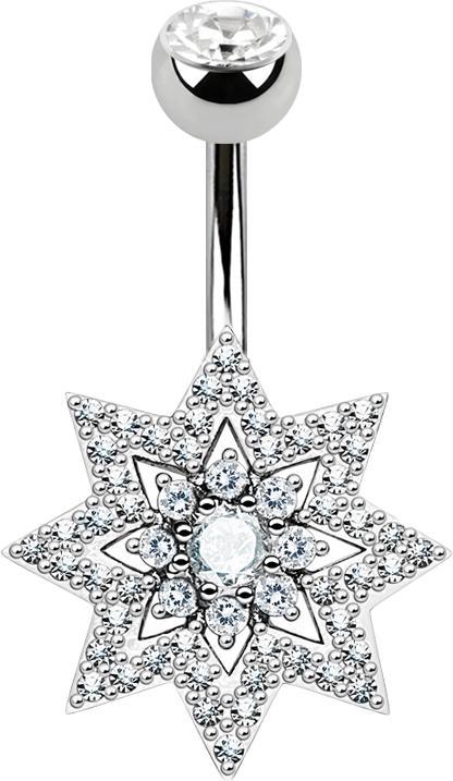 Star Piercing Banane silber mit Kugel Kristall silber doppel Kristallstern (Messing, Chirurgenstahl 316L)