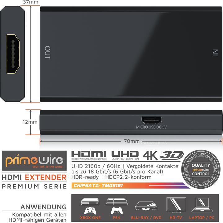 Produktbild Primewire HDMI 2.0b Extender / Verstärker UHD 2160p 60Hz, HDMI-Buchse zu HDMI-Buchse (0.75 m, HDMI)