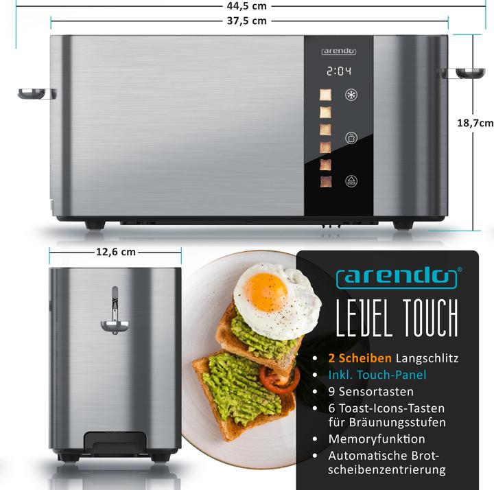Actual product image Arendo Toaster Edelstahl 2 Scheiben Langschlitz, Touch Display, Restzeit & Bräunungsgradanzeige, 1000 W (EU plug)
