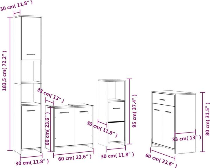 Produktbild VidaXL Badmöbel Set Badezimmermöbel Set Badezimmerschrank 4 tlg. Grau Sonoma