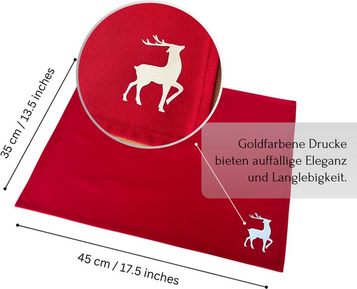 Produktbild Atölye No:35 Tischsets Weihnachten, 4er Set Rot Gold Rentier-Stickerei, Abwaschbar 45x35 cm (4 Stk., 45 x 35 cm)