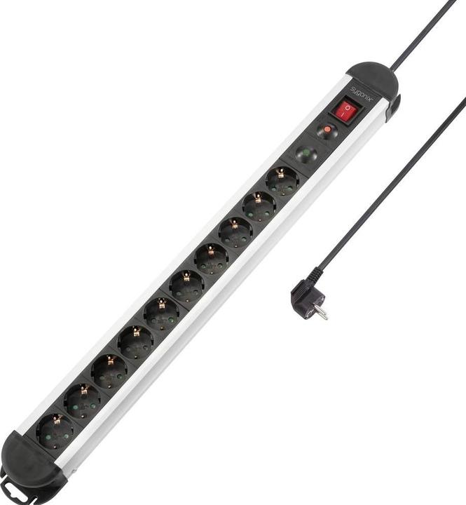 Produktbild Sygonix SY-4755860Überspannungsschutz-Steckdosenleiste Silber Schwarz Schutzkontakt 1 St. (10 x, CEE 7/3, 1.50 m)