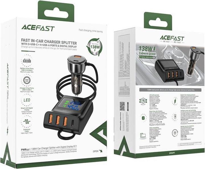 Actual product image Acefast B11 138W USB-A USB-C Car Charger with 6 Ports - Black