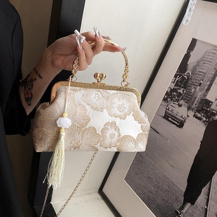 Actual product image Only-Bags.Store Floral pattern evening bag with buckle fastening - fabric shoulder chain purse for special occasions