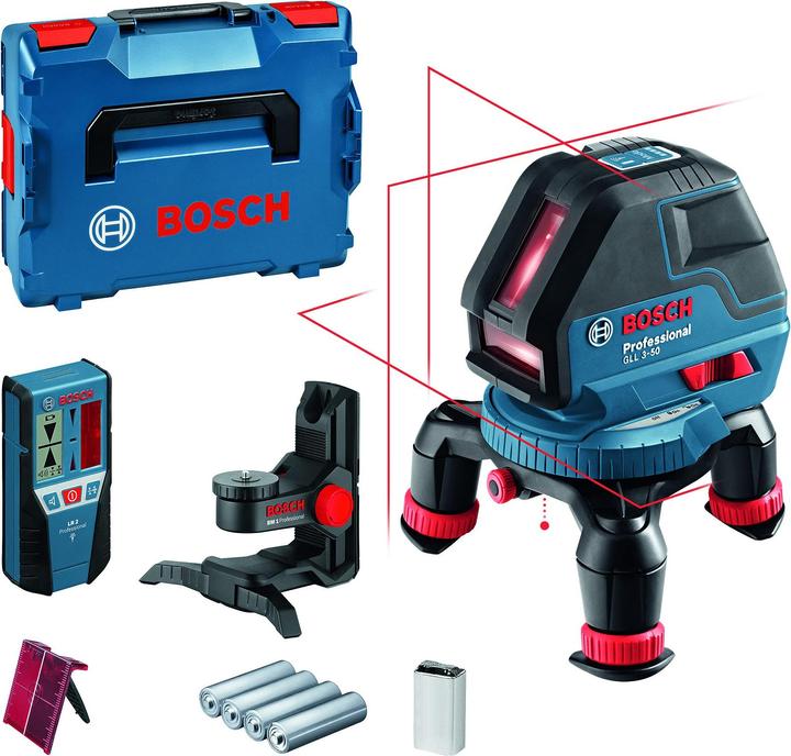 Laser-Empfänger LR 2 Professional (0 601 069 100), Universalhalterung BM 1 Professional (0 601 015 A00), 1x 9 V-Blockbatterie (6LR61), 4x 1,5 V-LR6-Batterie (AA)