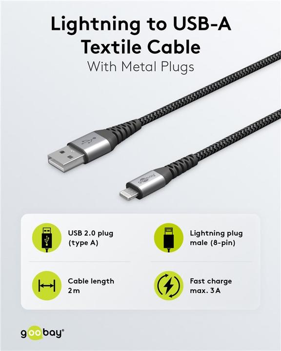 Produktbild Goobay Lightning auf USB-A Textilkabel mit Metallsteckern (space grau/silber) 2 m, 2 m, Schwarz-Grau (2 m, USB 2.0)