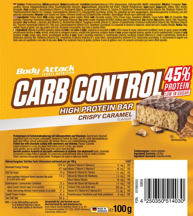 Valori nutrizionali e ingredienti Body Attack Carb Control (15 barrette da 100 g) (Caramel, Croccante, 15 pz., 1500 g)