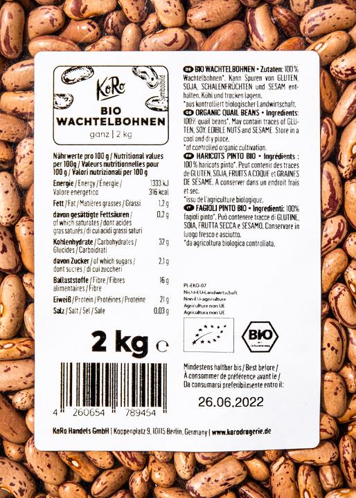 Nährwerte und Zutaten KoRo Bio Wachtelbohnen (2000 g)